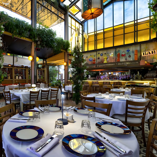 Elegant dining room at Oliva by El Turco with white-clothed tables, blue patterned plates, and a bar.
